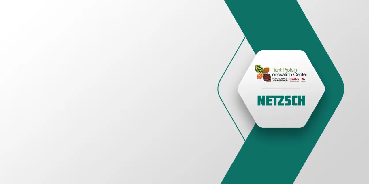 Illustration représentant le partenariat entre NETZSCH et le Plant Protein Innovation Center (PPIC), mettant en avant les logos des deux organisations dans un design moderne aux tons verts.