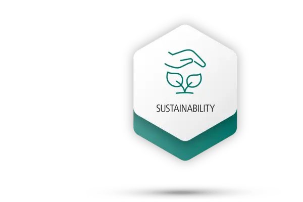 Símbolo de sostenibilidad que muestra una mano sobre hojas, enfatizando las prácticas ecológicas en el procesamiento en NETZSCH.