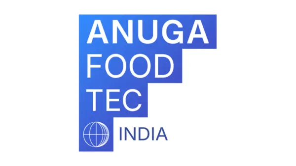 Blue and white Anuga FoodTec India logo with globe icon, promoting food and beverage processing technology event in Mumbai 2026.