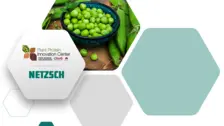 Graphic featuring the NETZSCH and Plant Protein Innovation Center (PPIC) logos alongside an image of green peas, symbolizing their partnership in plant-based food innovation.