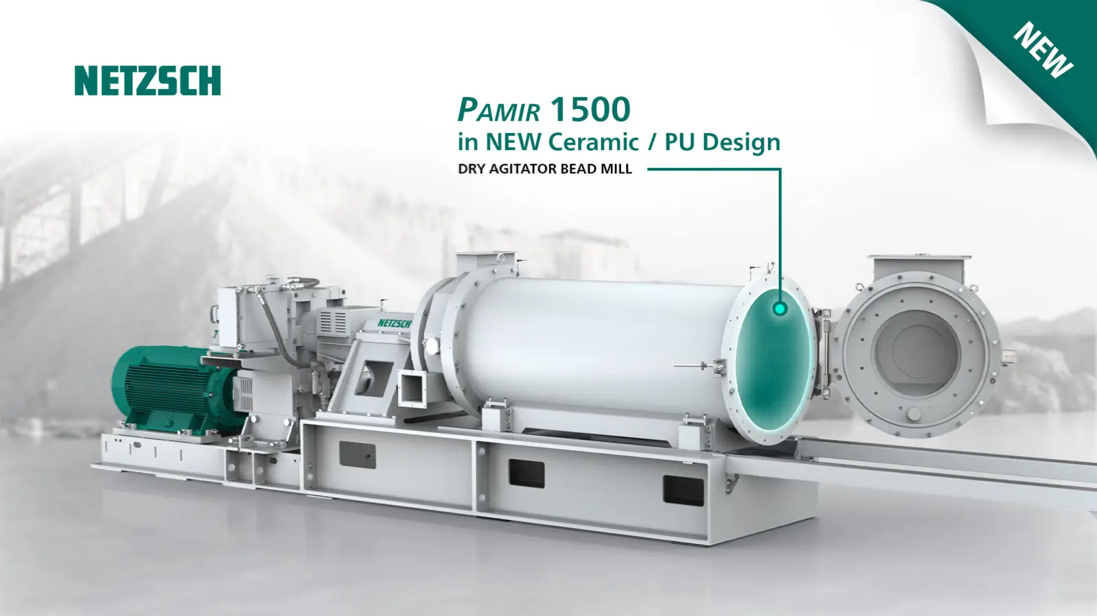 NETZSCH PAMIR 1500 dry agitator bead mill in new Ceramic/PU design for advanced grinding applications.