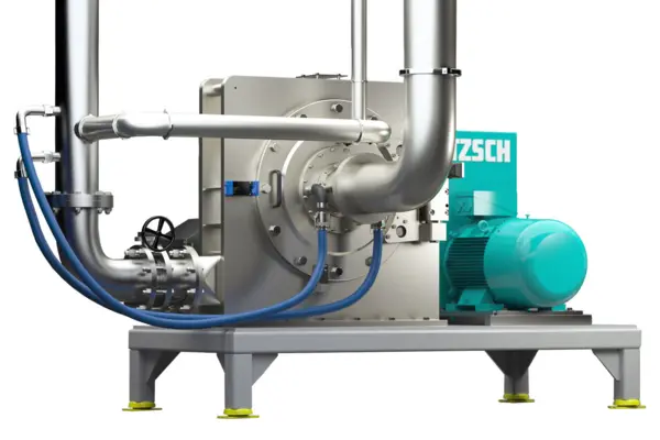 NETZSCH industrial grinding and dispersing machine with stainless steel piping for chemical and mineral processing.