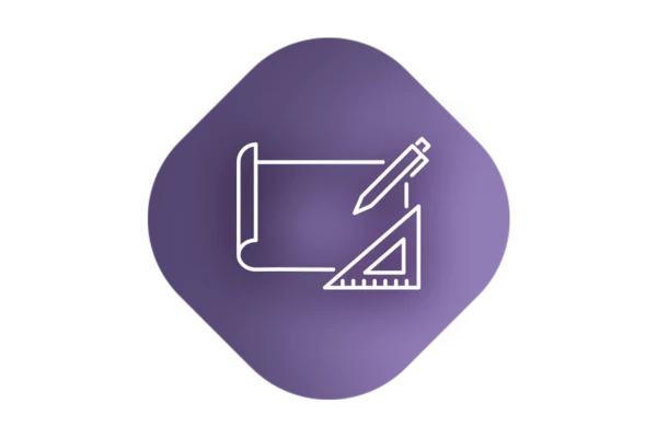 Icône d'un plan avec un crayon et une règle sur fond violet, représentant des concepts de conception et d'ingénierie pour les technologies de transformation.