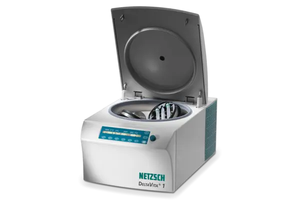 NETZSCH DeltaVita 1 laboratory centrifuge with open lid for sample separation and process testing in application labs.