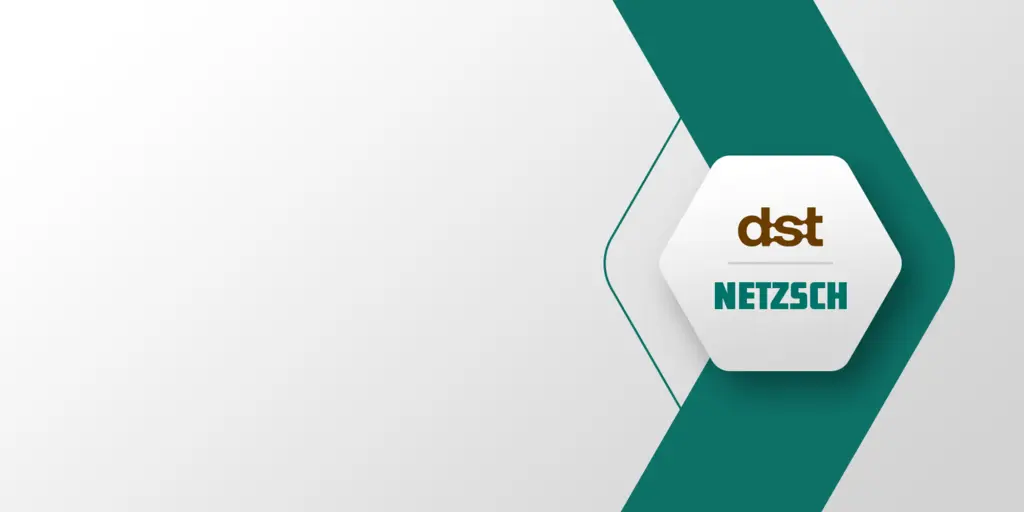Hexagon logo combining dst and NETZSCH brands symbolizing strategic partnership in protein structuring and food processing innovation.