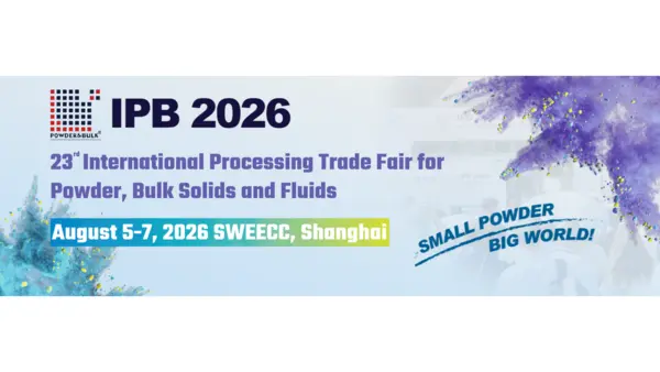 IPB 2026 banner promoting the 23rd International Processing Trade Fair for Powder, Bulk Solids, and Fluids in Shanghai August 5-7.