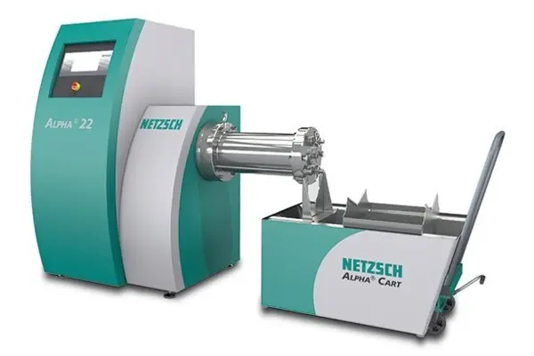 NETZSCH Alpha 22 lab-scale disperser connected to Alpha Cart for efficient grinding and dispersing of materials.