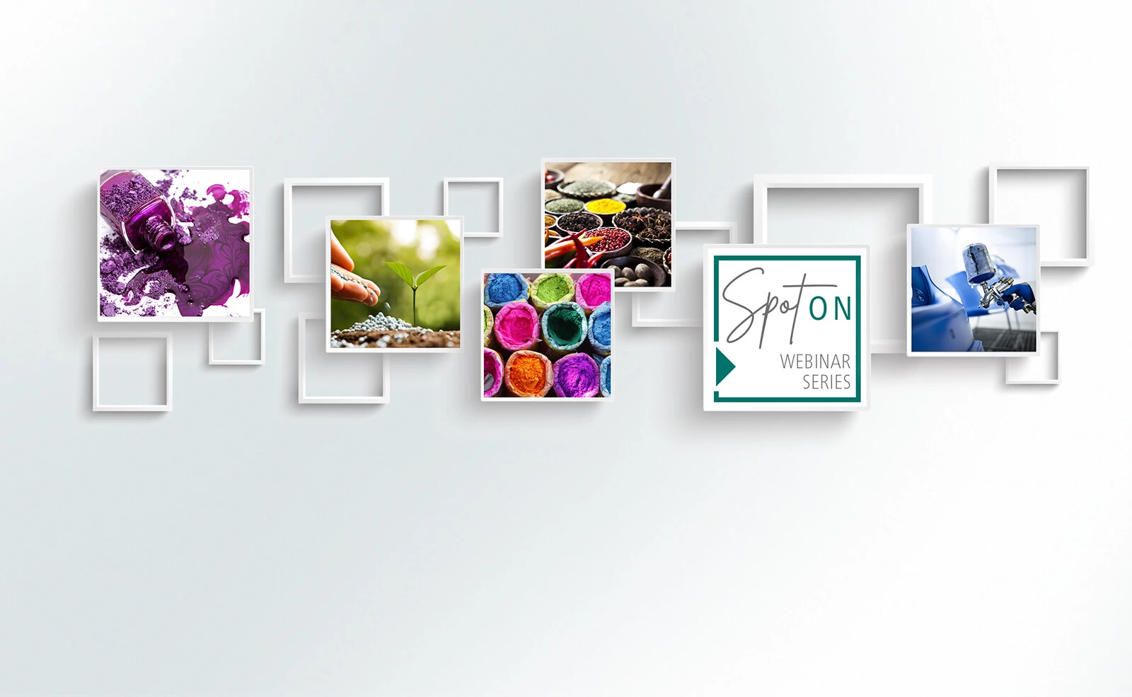 Colorful gallery of images showcasing diverse themes like art supplies, nature, and technology, featuring "SpotOn Webinar Series" logo.