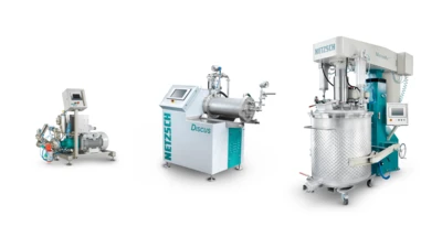 A linha de equipamentos de processamento da NETZSCH apresenta um moinho Discus, um dispersor e um recipiente de mistura para o manuseio eficiente de materiais.