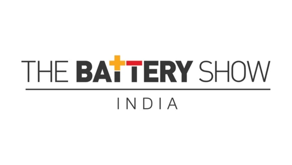 Logo of The Battery Show India featuring bold letters and a stylized battery symbol, promoting the expo for battery technology.