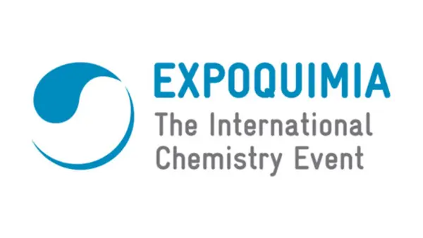 Expoquimia logo featuring a blue swirl and text promoting the international chemistry event, highlighting innovative advancements and global solutions.