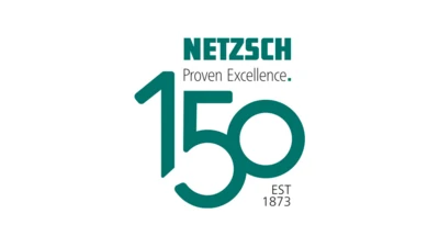 Logotipo da NETZSCH comemorando 150 anos de Excelência Comprovada, fundada em 1873, com turquesa arrojado e tipografia moderna.