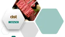 Red textured plant-based protein held with chopsticks showcasing DST and NETZSCH logos for alternative protein innovation.