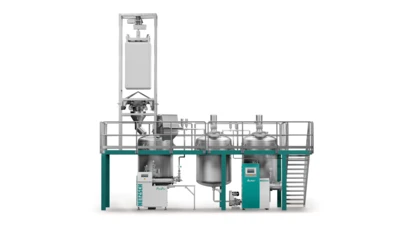 O sistema de mistura e dispersão da NETZSCH possui três tanques de aço inoxidável e um sistema de alimentação de material para um processamento preciso.