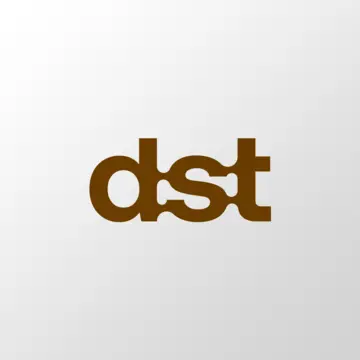 dst logo with stylized lowercase letters in brown on a light gray background, representing brand identity