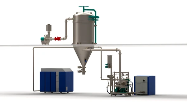 High-density bed jet mill ConJet 50 layout featuring compressor, filtration, and explosion protection systems for efficient grinding.