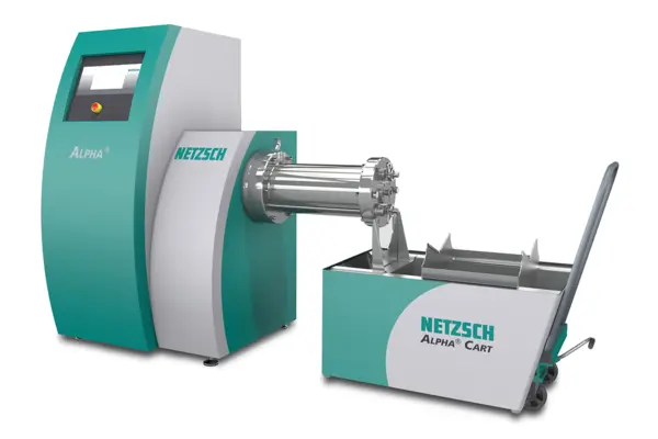 NETZSCH Alpha 22 lab-scale disperser connected to Alpha Cart for efficient grinding and dispersing of materials.