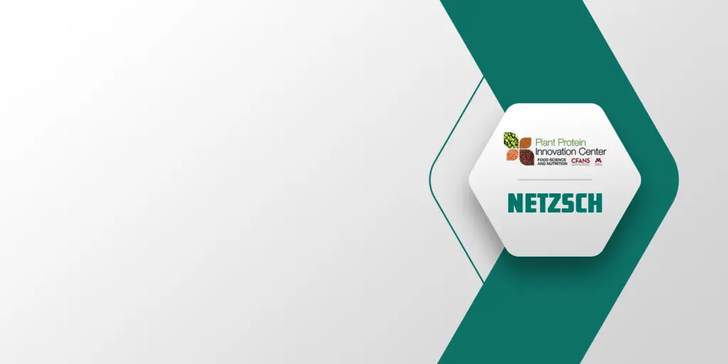 Illustration représentant le partenariat entre NETZSCH et le Plant Protein Innovation Center (PPIC), mettant en avant les logos des deux organisations dans un design moderne aux tons verts.