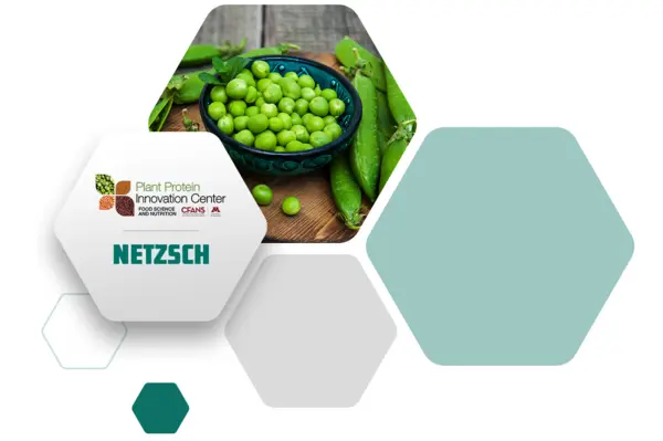 Illustration représentant les logos de NETZSCH et du Plant Protein Innovation Center (PPIC) aux côtés d'une image de petits pois, symbolisant leur partenariat dans le domaine de l'innovation alimentaire à base de plantes.